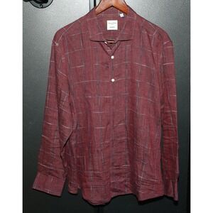 Murano 100% Baird McNutt Linen Long Sleeve Shirt, Men's XL, Burgundy Windowpane